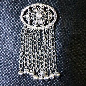 Mid Century Sara Coventry Brooch Floral Scrollwork Swinging Beads Silver Tone